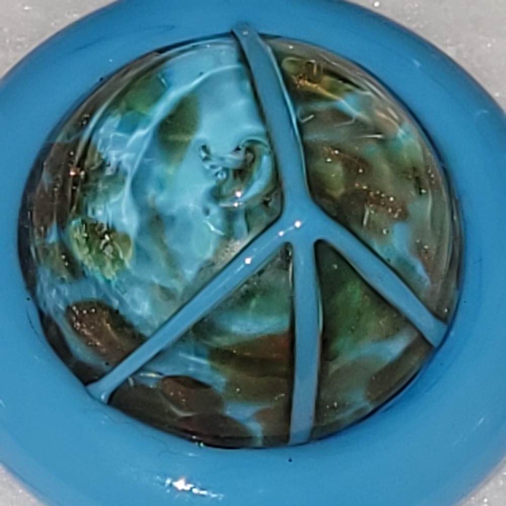 Vintage Turquoise Lampwork Glass Peace Sign Pendant Gold Foil Heavy 23g